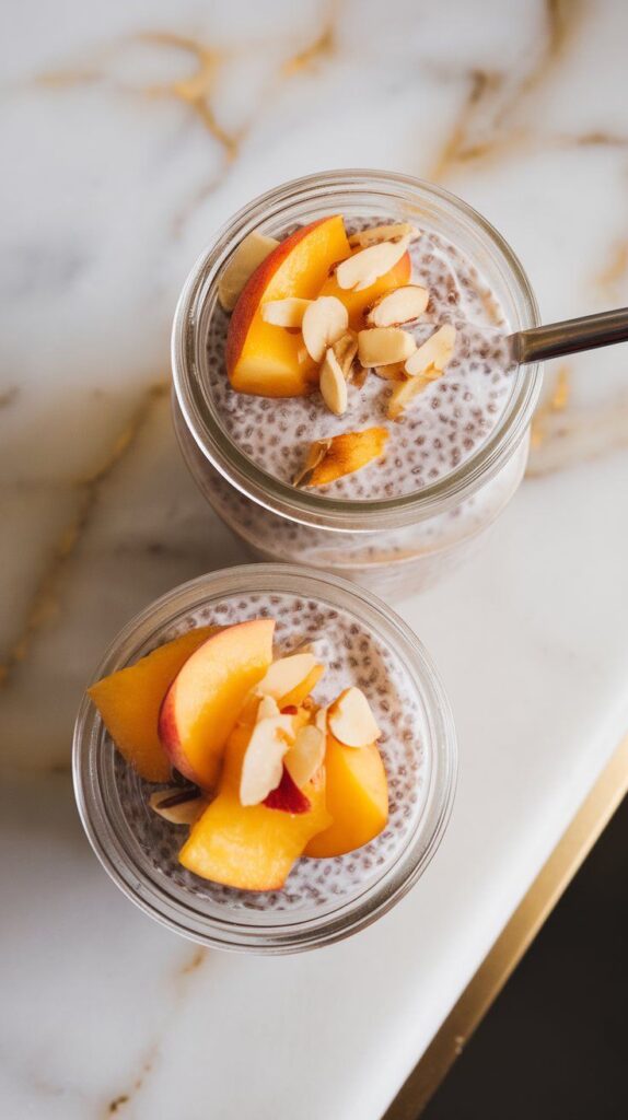  chilled chia pudding spooned into two clear jars, topped with fresh diced peach and a sprinkle of slivered almonds, thick and creamy texture visible