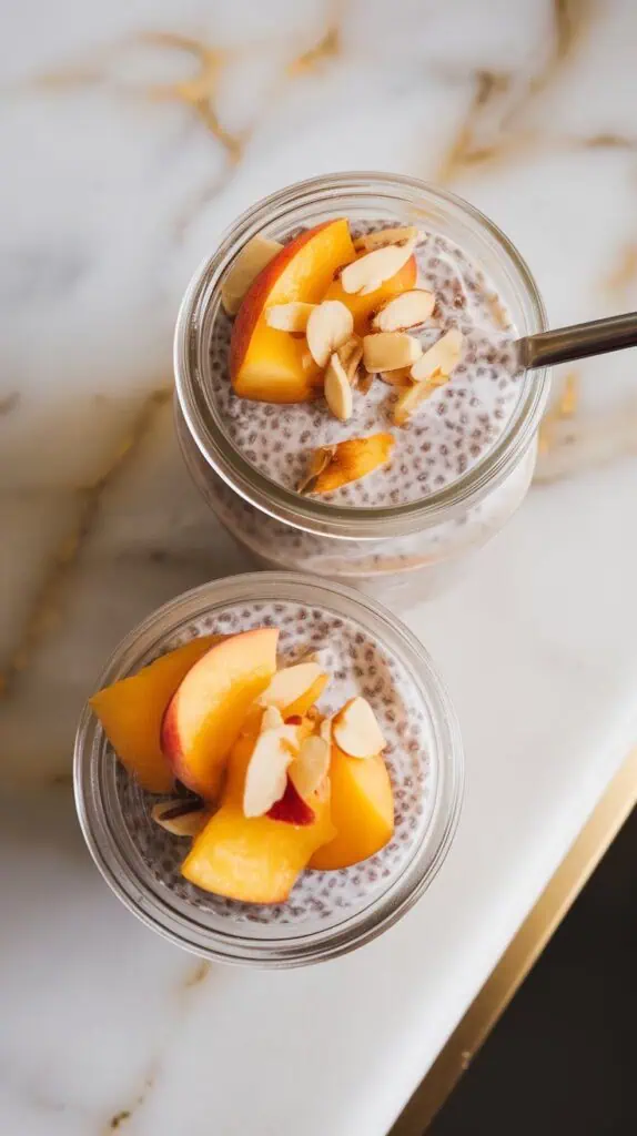  chilled chia pudding spooned into two clear jars, topped with fresh diced peach and a sprinkle of slivered almonds, thick and creamy texture visible
