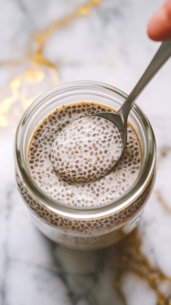 slightly thickened chia pudding being stirred with a spoon in a glass jar, seeds floating evenly throughout, smooth texture visible