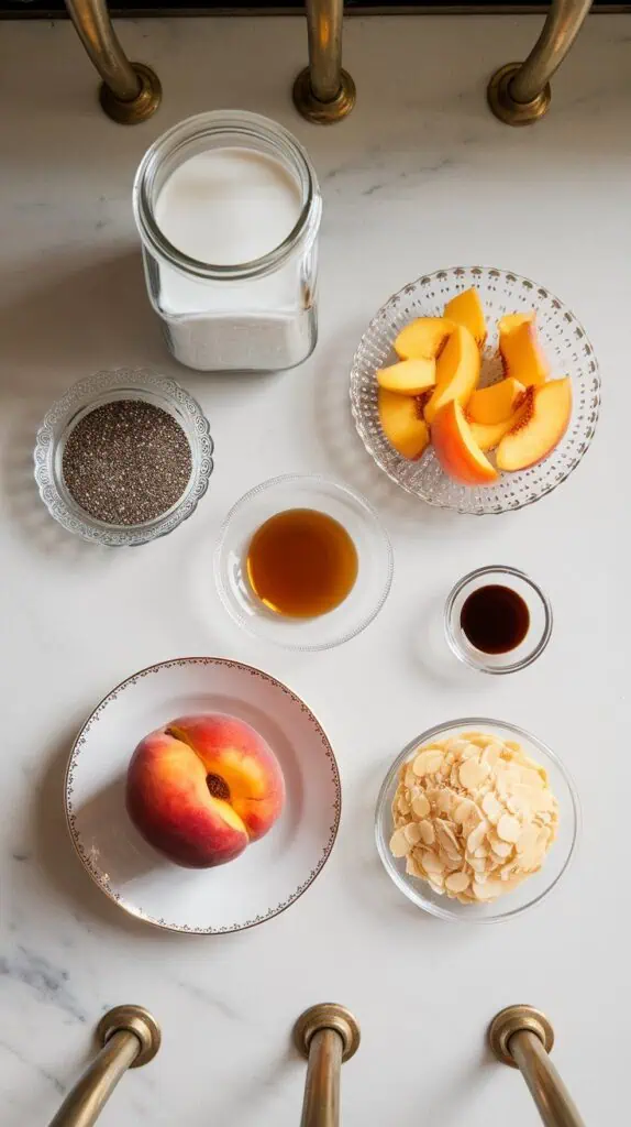 1 cup unsweetened almond milk in a clear glass jar, ¼ cup dry chia seeds in a small glass bowl, 1 tablespoon maple syrup in a shallow plate, ½ teaspoon vanilla extract in a small dish, 1 ripe peach diced on a white plate, and 2 tablespoons slivered almonds in a tiny clear bowl