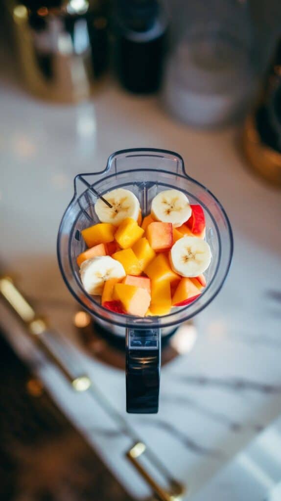  a blender cup filled with frozen banana slices, diced mango, and peach slices layered inside, vibrant and colorful