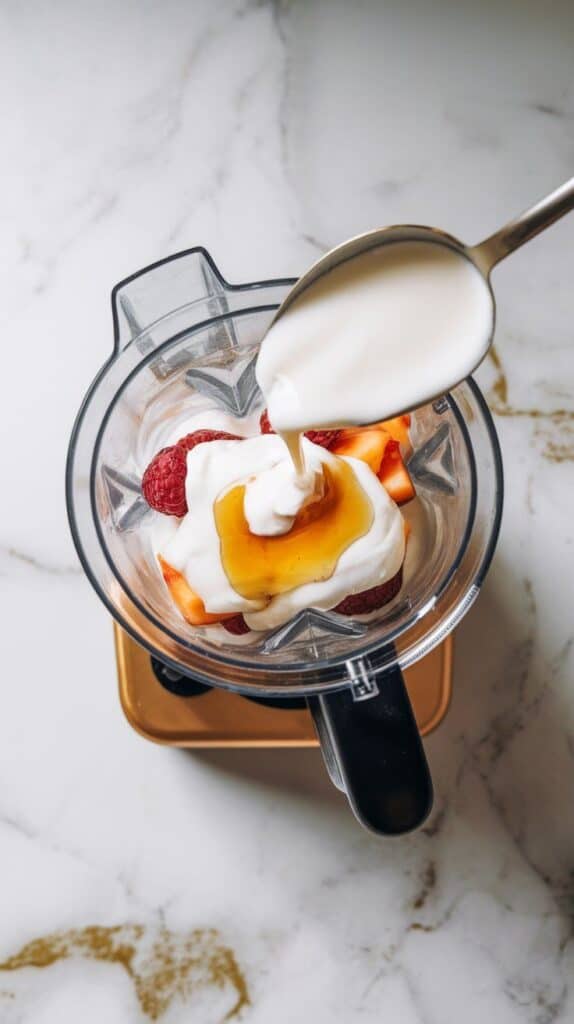  thick Greek yogurt and milk being spooned and poured into a blender over layered fruit, honey drizzled on top.