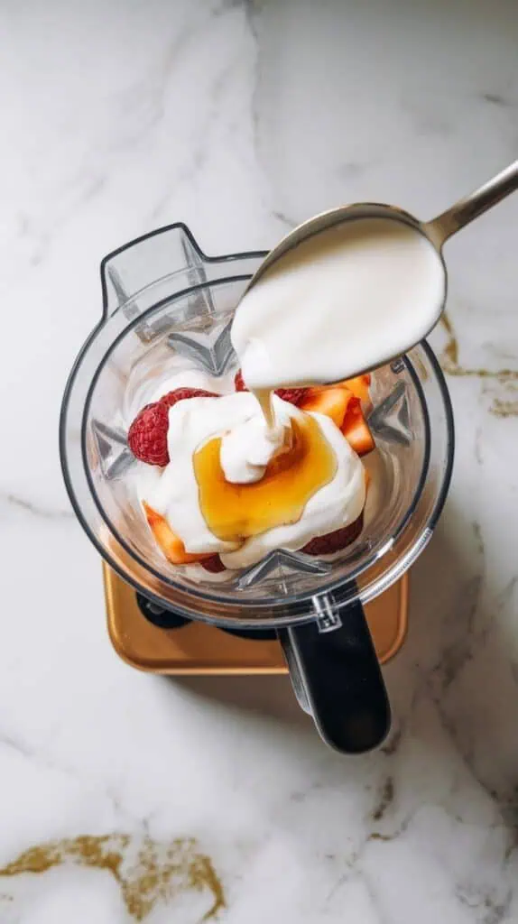  thick Greek yogurt and milk being spooned and poured into a blender over layered fruit, honey drizzled on top.