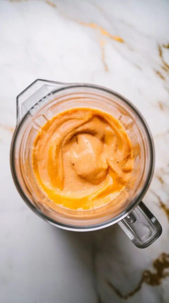 blended peach mango smoothie inside a blender jar, with creamy, spoonable texture and swirls of bright orange color