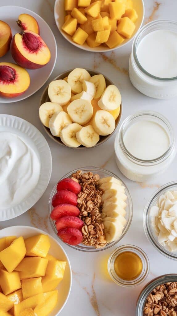 peach mango smoothie bowl ingredients: peeled and sliced peach on a small plate, chopped ripe mango on a ceramic dish, frozen banana slices in a shallow bowl, Greek yogurt in a small plate, milk in a clear jar, honey drizzled into a small dish, and toppings—sliced fruit, granola, and shredded coconut—arranged in small unlabeled bowls