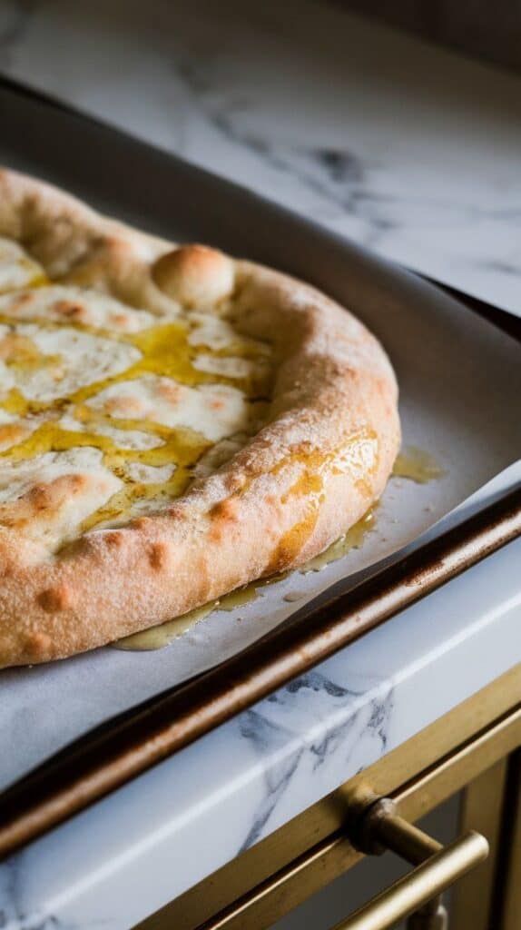 flatbread laid on a baking sheet, lightly brushed with olive oil using a small brush, surface glistening slightly