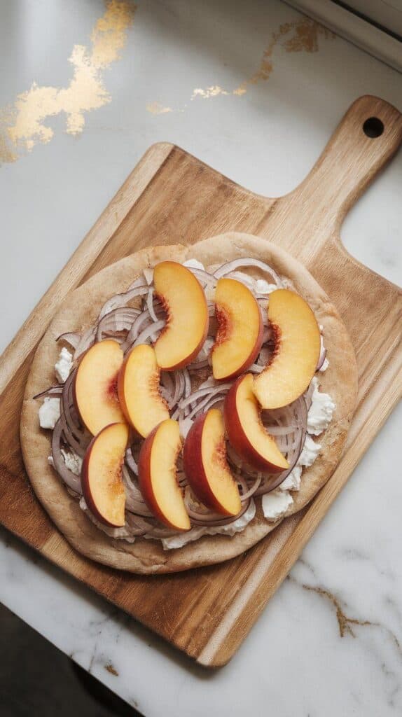thin peach slices gently placed over the onion and goat cheese layer on flatbread, edges overlapping slightly