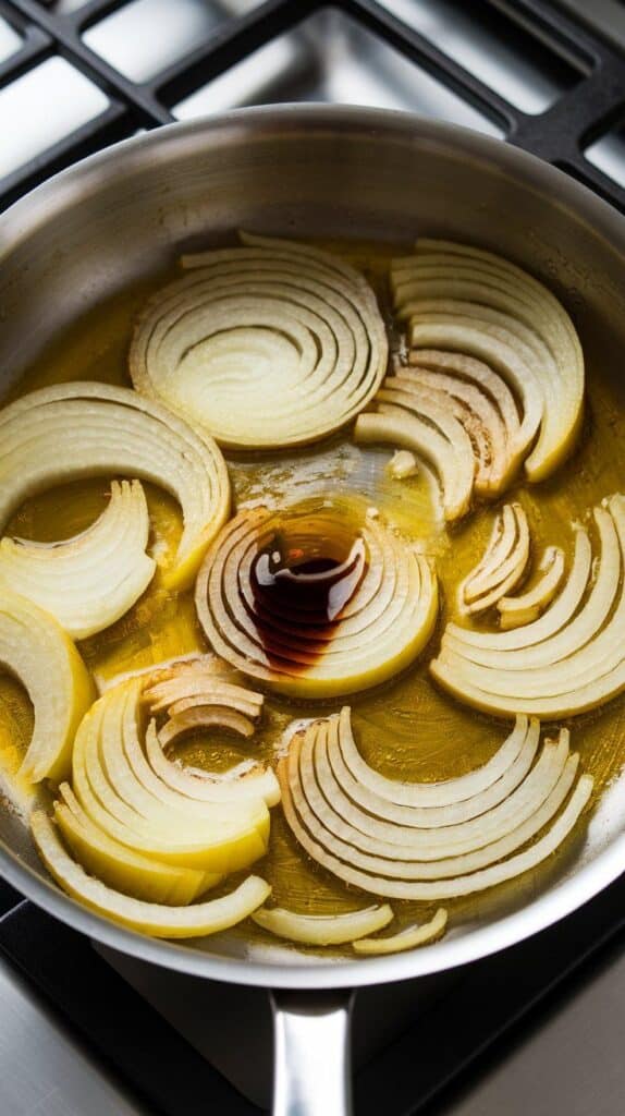 thinly sliced yellow onions slowly cooking in golden olive oil in a skillet, turning soft and golden brown, a small splash of balsamic vinegar just added