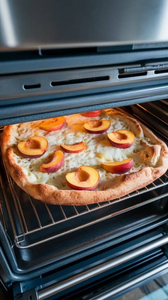 flatbread baking on the middle rack, cheese softening and edges turning golden, peach slices slightly roasted, inside a modern stainless steel double oven