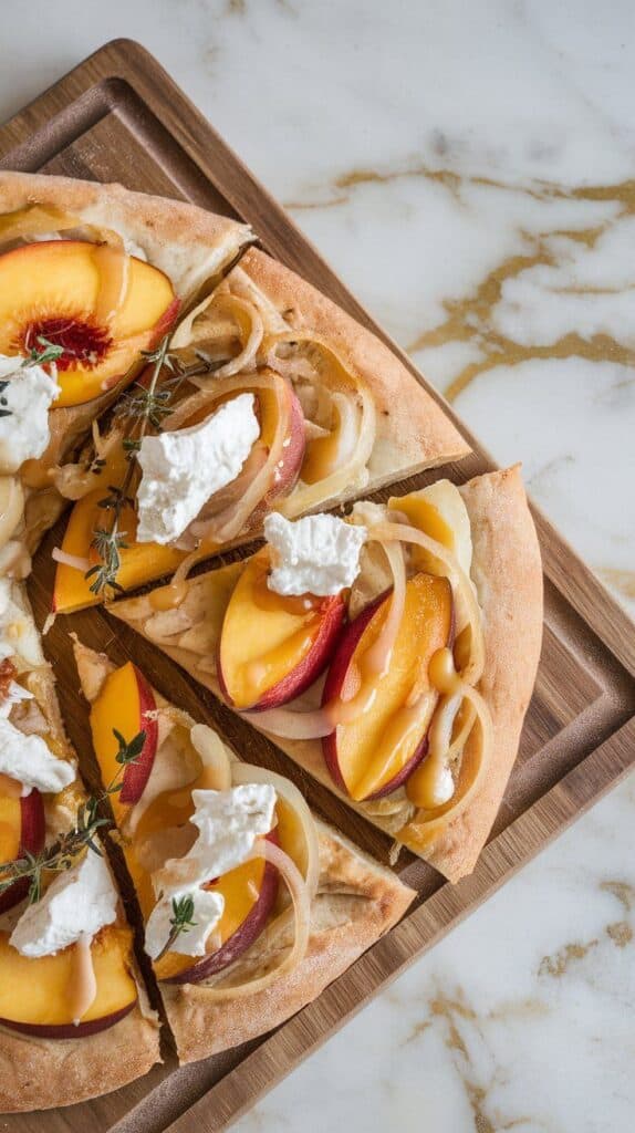 flatbread sliced into pieces, topped with warm peaches, creamy goat cheese, golden onions, a drizzle of honey, and fresh thyme leaves