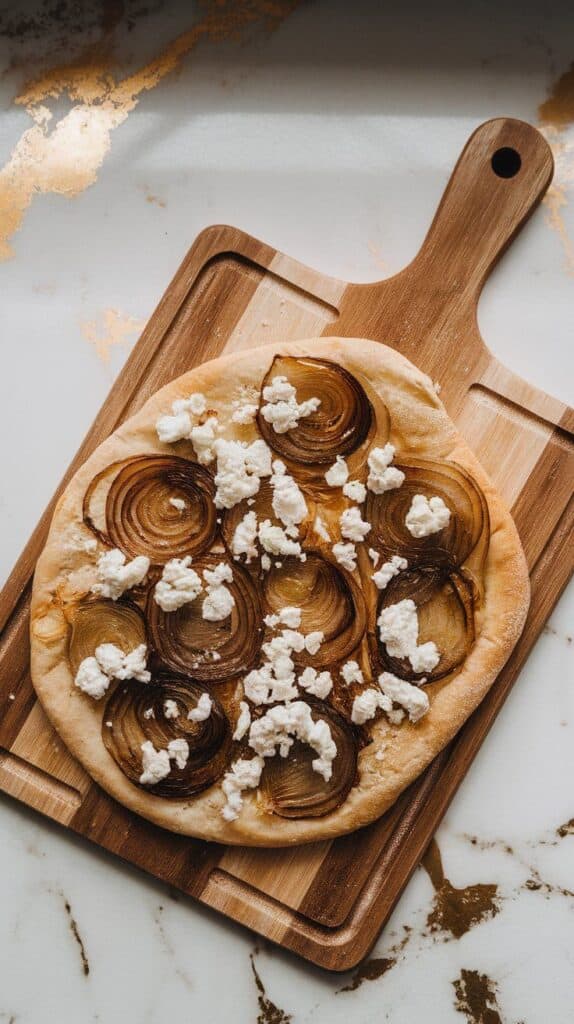  flatbread topped with a layer of golden caramelized onions and scattered soft goat cheese crumbles, colors rich and contrasting