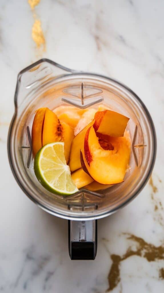 peeled and pitted ripe peaches, 1 tablespoon fresh lime juice, and 1 teaspoon honey blending into a smooth golden purée inside a glass blender jar