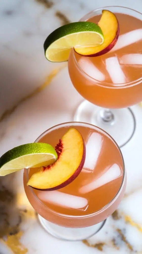 finished peach ginger fizz mocktail in two cocktail glasses with ice, topped with fresh peach slice and lime wedge, golden fizz visible