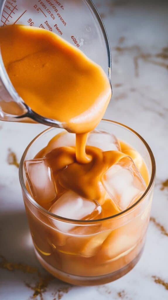 close-up of thick, golden peach purée being poured from a measuring cup into a glass full of ice, peach mixture gently sliding around the cubes