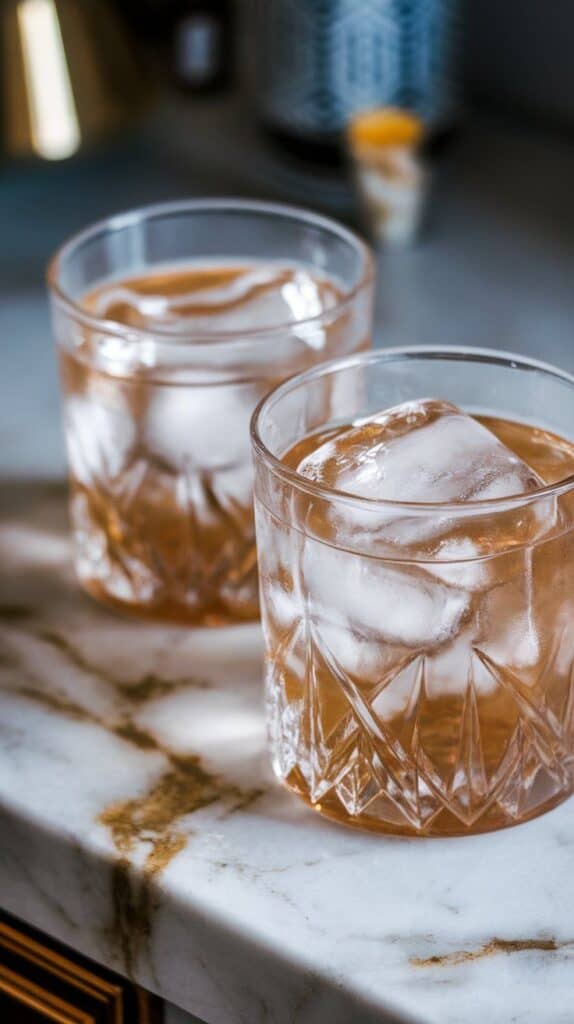 close-up of two cocktail glasses being filled with large clear ice cubes, close-up details of frosty glass and sharp ice edges