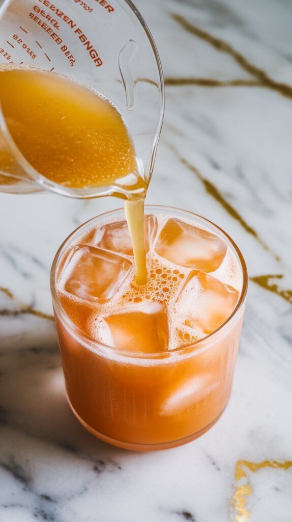  fizzy golden ginger beer being poured into glasses filled with ice and peach purée, foam rising slightly at the top, bubbles sparkling