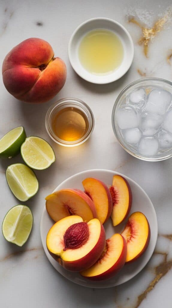 2 peeled and pitted ripe peaches, 1 tablespoon fresh lime juice in a small glass bowl, 1 teaspoon honey in a tiny glass jar, 1 cup chilled ginger beer in a clear glass, a handful of ice cubes, lime wedges and fresh peach slices for garnish, a blender, cocktail glasses, and a small spoon