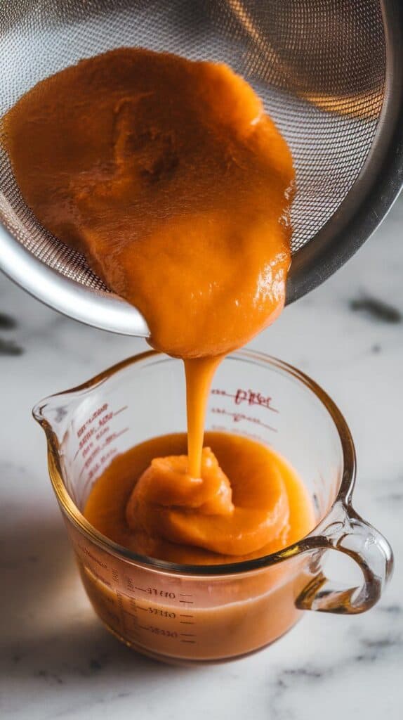 thick peach purée being poured through a fine mesh strainer into a glass measuring cup, showing small pulp left behind