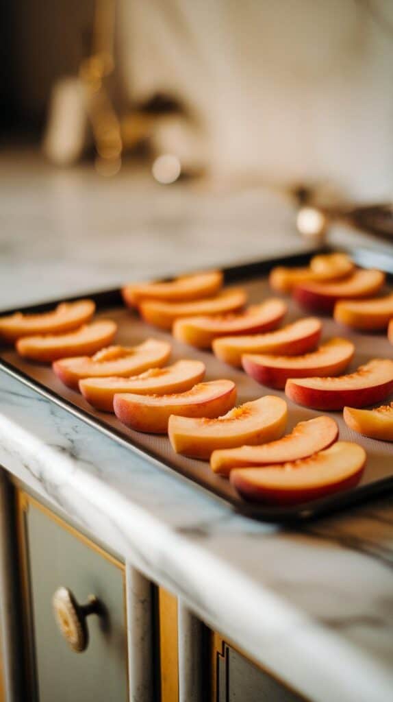  thin peach slices arranged on a baking sheet, juicy and vibrant, ready for seasoning