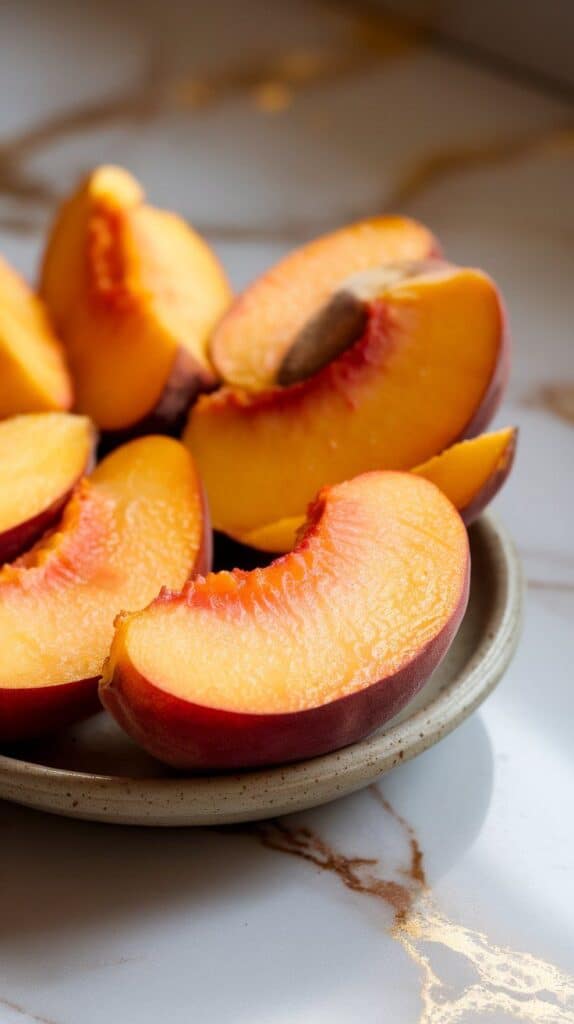  ripe peach wedges laid out on a small ceramic plate, bright orange flesh with the skin still on