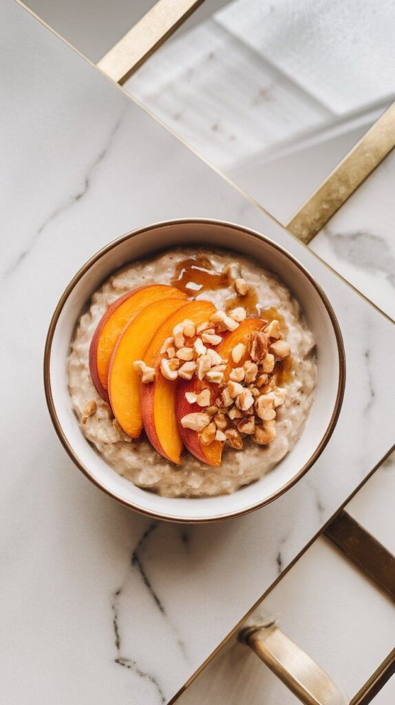 warm bowl of creamy oatmeal topped with golden roasted peach slices and a drizzle of maple syrup, finished with a sprinkle of chopped nuts