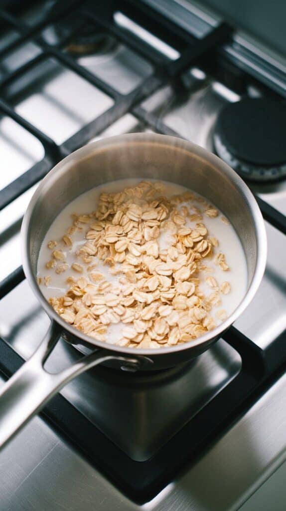 oats simmering in milk with vanilla and a pinch of salt, thickening in a small saucepan, steam rising gently
