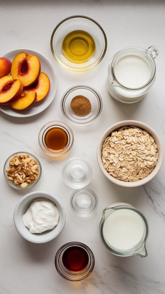 roasted peach and vanilla oatmeal ingredients: thinly sliced ripe peaches on a small plate, olive oil in a shallow plate, ground cinnamon in a tiny ceramic dish, maple syrup in a small glass plate, rolled oats in a small bowl, milk in a clear glass jar, vanilla extract poured into a small dish, and a pinch of salt in a tiny glass jar