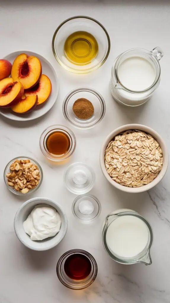 roasted peach and vanilla oatmeal ingredients: thinly sliced ripe peaches on a small plate, olive oil in a shallow plate, ground cinnamon in a tiny ceramic dish, maple syrup in a small glass plate, rolled oats in a small bowl, milk in a clear glass jar, vanilla extract poured into a small dish, and a pinch of salt in a tiny glass jar