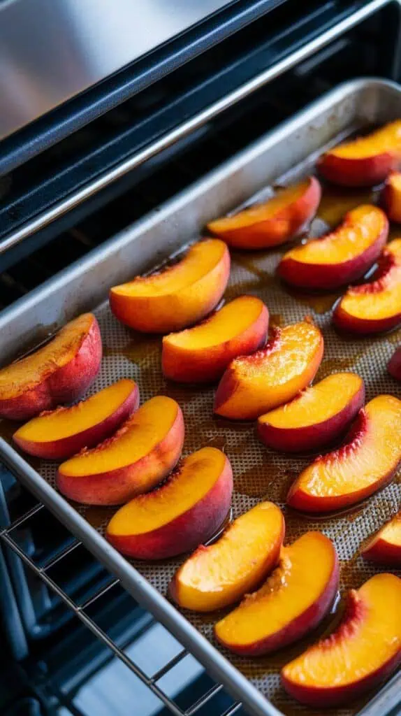 peach slices on a baking sheet glistening with olive oil, cinnamon, and maple syrup, edges just starting to caramelize.