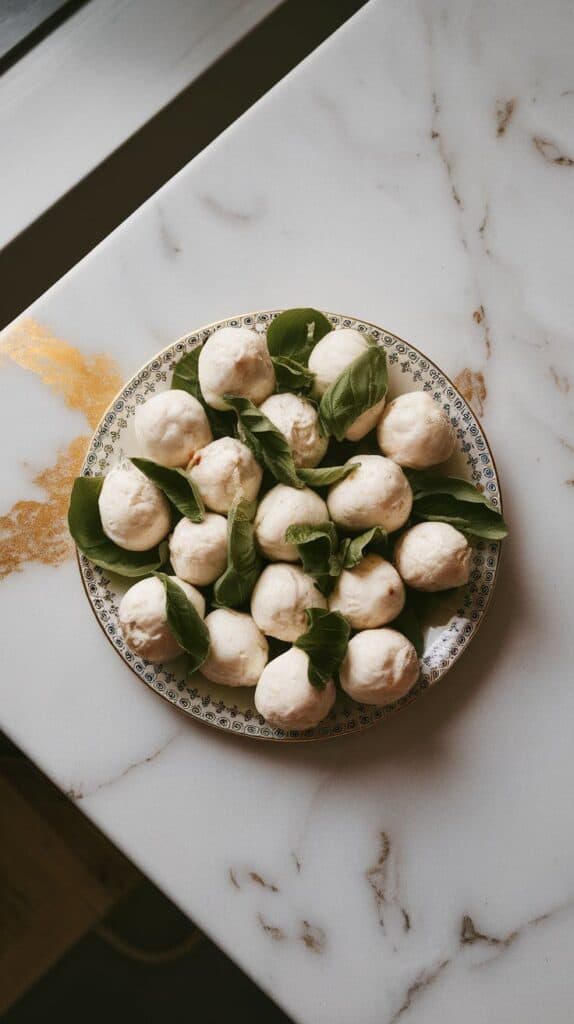 small mozzarella balls dried on a plate and fresh basil leaves spread out neatly.