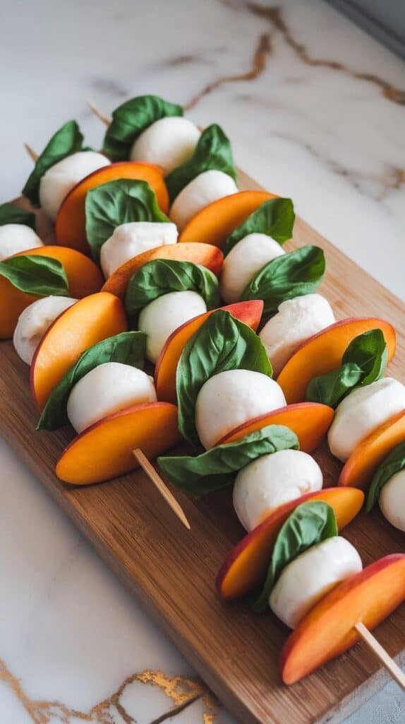 mini skewers being assembled with peach wedges, folded basil leaves, and mozzarella balls stacked in a row