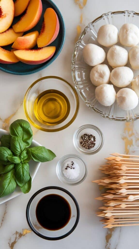 peach caprese skewer ingredients: peach wedges on a small plate, small mozzarella balls on a shallow plate, fresh basil leaves on a small ceramic plate, olive oil in a shallow glass plate, balsamic glaze poured into a small plate, flaky sea salt and cracked black pepper in tiny glass jars, and small wooden skewers stacked nearby