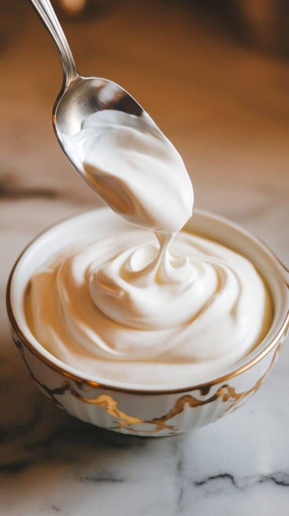thick, creamy Greek yogurt being swirled smoothly into a bowl with the back of a spoon, forming soft peaks