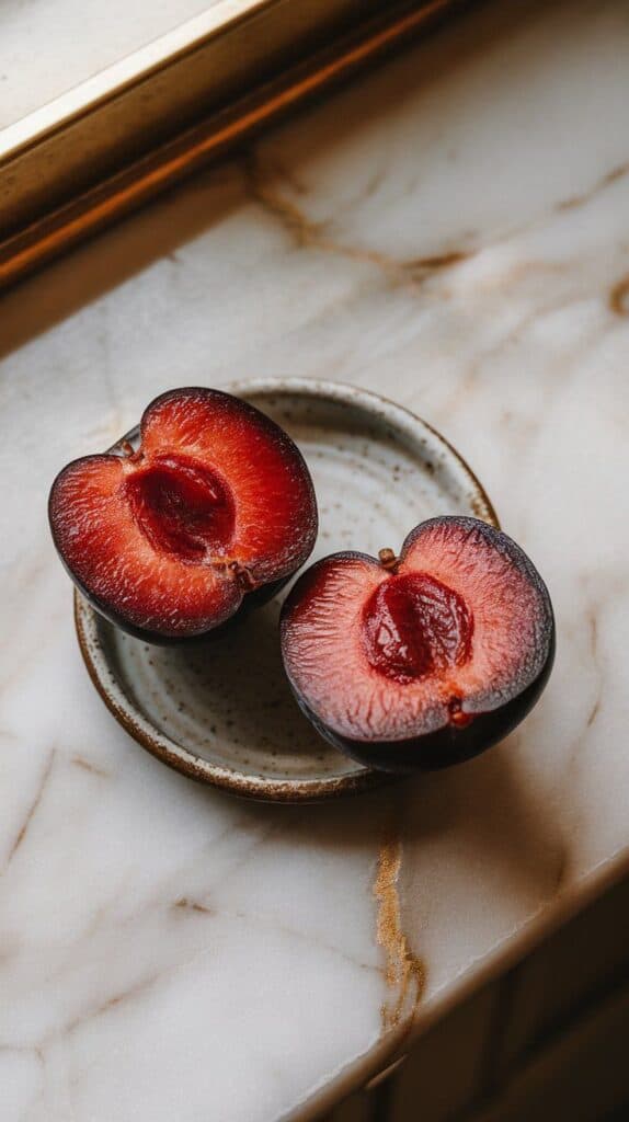 two ripe plums cut in half with the pits removed, arranged on a small ceramic plate with deep red flesh showing