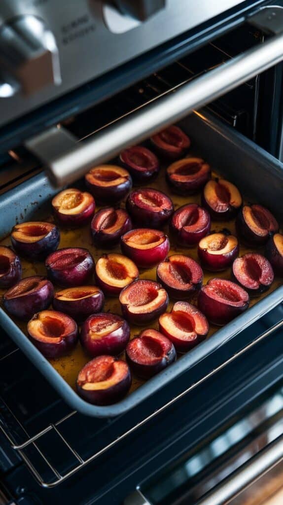 roasted plum halves in a baking dish, edges caramelized and bubbling slightly, with deepened color and soft texture