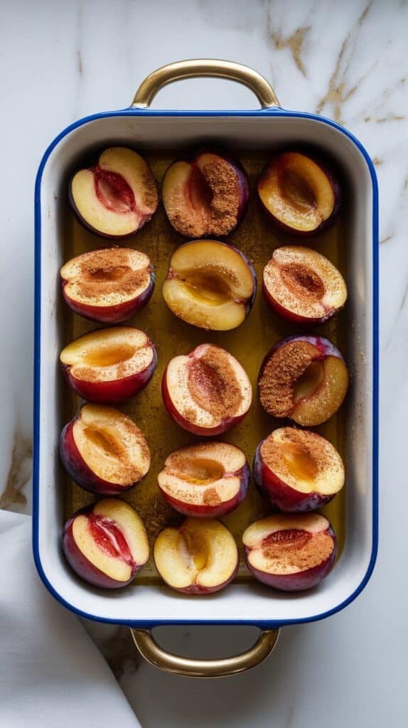 plum halves in a baking dish, cut-side up, glistening with olive oil and dusted with coconut sugar and cinnamon