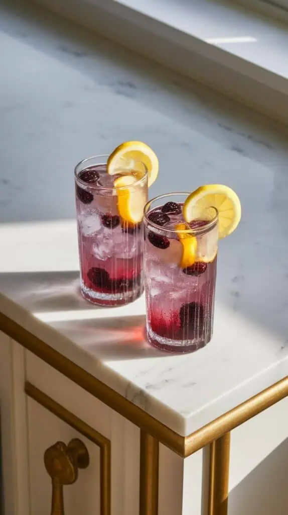 sparkling mulberry lemonade in two tall glasses, filled with ice, bubbly soda water on top, garnished with lemon slices and mulberries