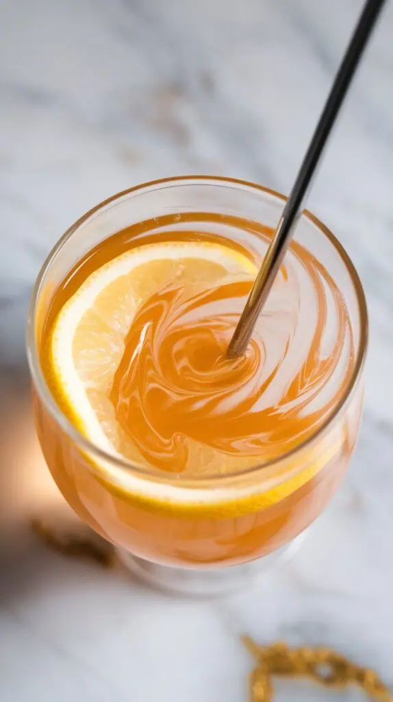 peach syrup and fresh lemon juice being stirred together in a clear glass, the liquids swirling into a golden-yellow mix
