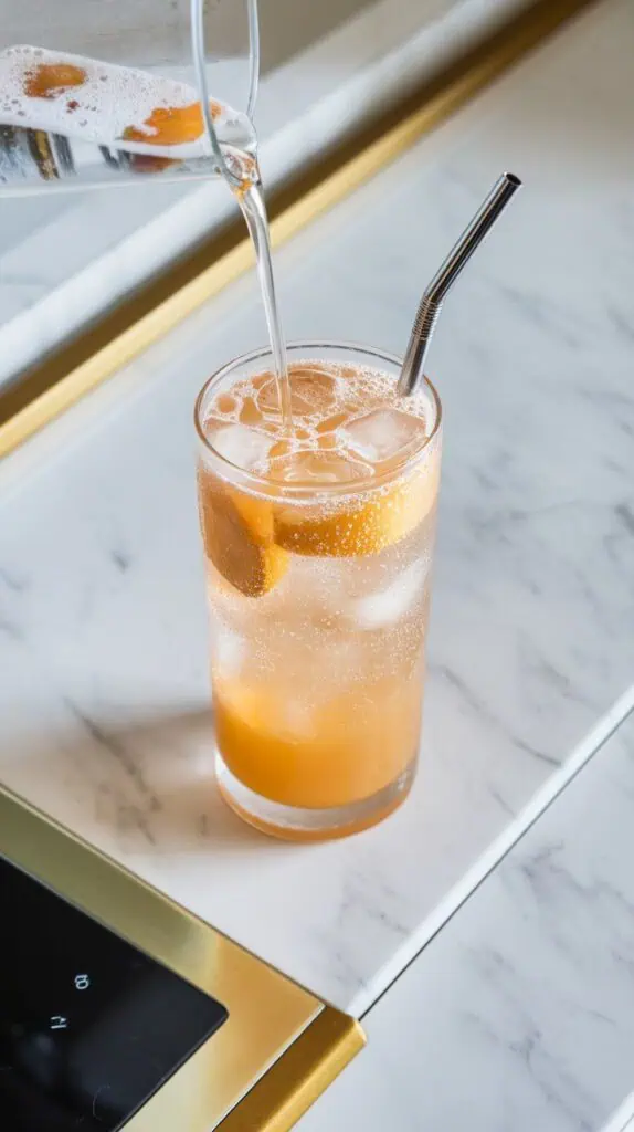 sparkling peach lemonade ingredients: peeled and diced ripe peaches on a small plate, honey drizzled onto a small glass plate, lemon juice in a small plate, cold sparkling water in a clear jar, water in a shallow glass plate, and optional garnishes