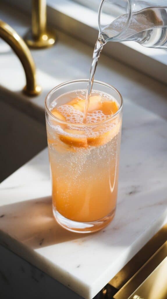 sparkling water bubbling as it’s poured over the peach lemonade base in a tall glass with ice, fizz rising to the surface