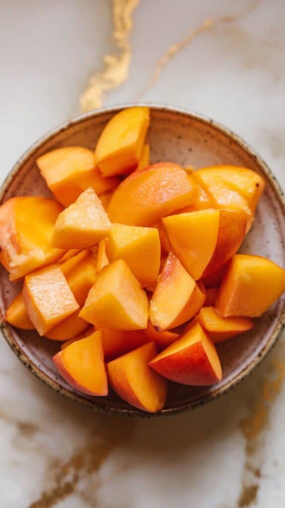  peeled and diced ripe peaches on a small ceramic plate, glistening with juice and showing soft orange flesh.