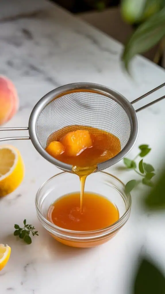 golden peach syrup being poured through a fine mesh strainer into a small bowl, with soft peach pulp left behind in the strainer