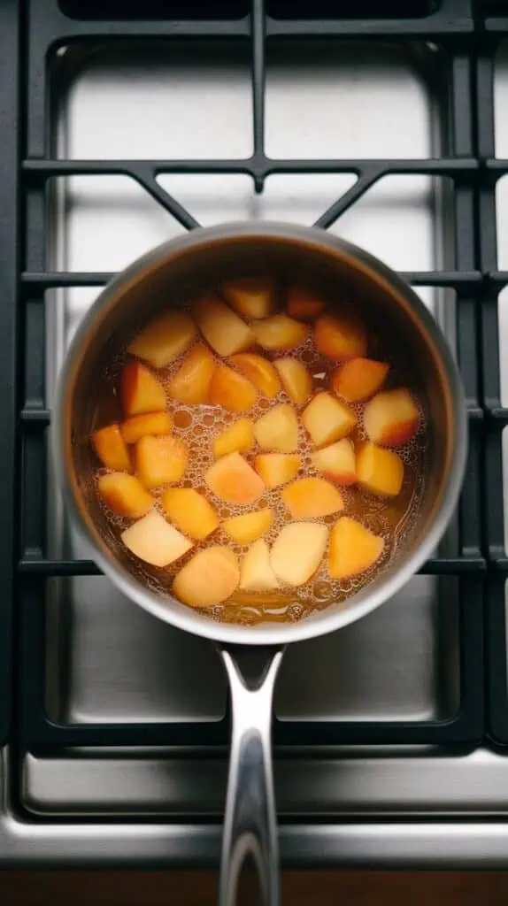 diced peaches simmering in honey and water in a small saucepan, softening and releasing juice, forming a golden peach syrup