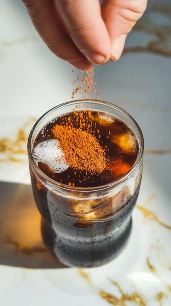 a pinch of ground cinnamon being sprinkled over the top of a fizzy drink, the spice dust floating on the Coke surface