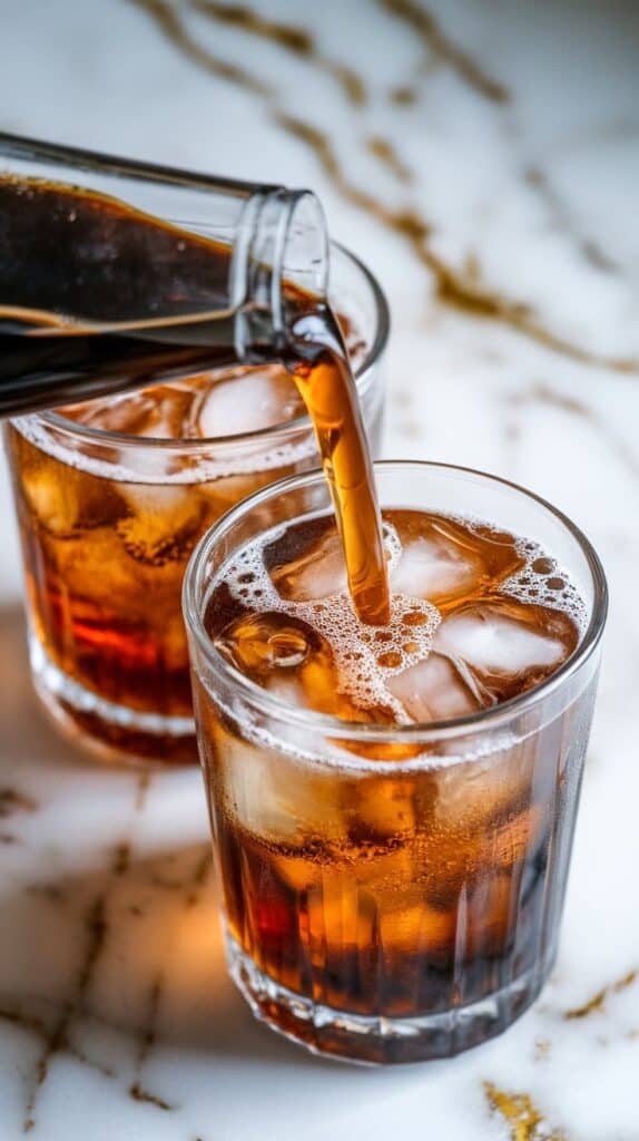  Coke being poured into two glasses filled with clear ice, bubbles and foam forming as it fills the glass