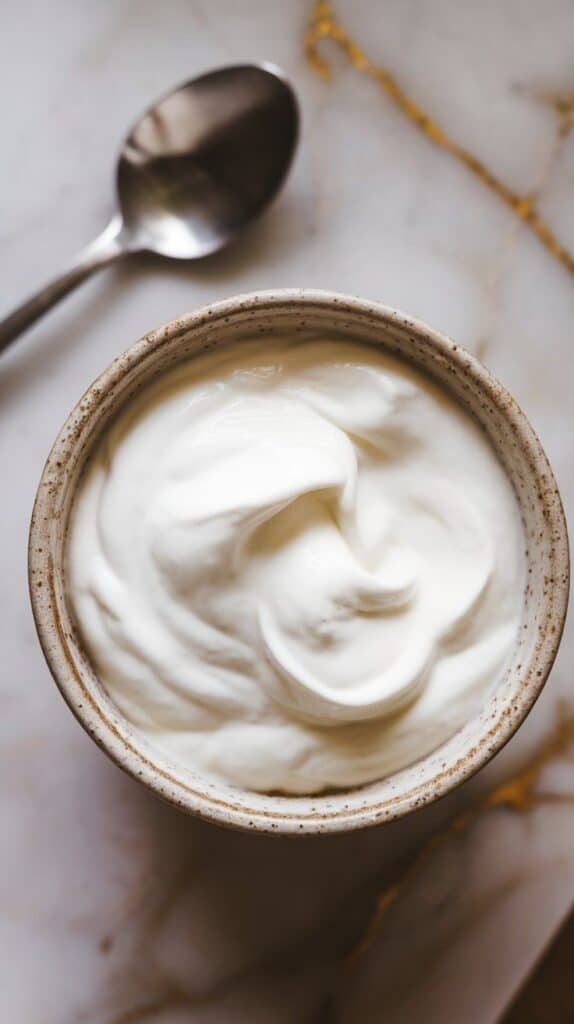  thick Greek yogurt swirled smoothly into a ceramic bowl with soft peaks, spoon resting nearby