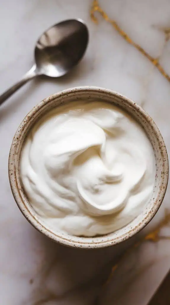  thick Greek yogurt swirled smoothly into a ceramic bowl with soft peaks, spoon resting nearby