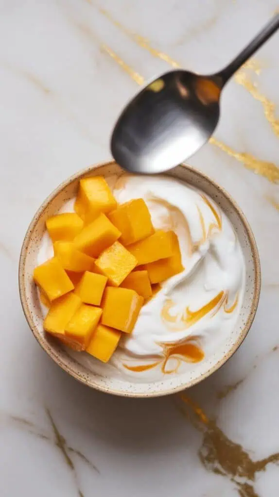 golden diced mango cubes being gently layered over swirled Greek yogurt in a bowl
