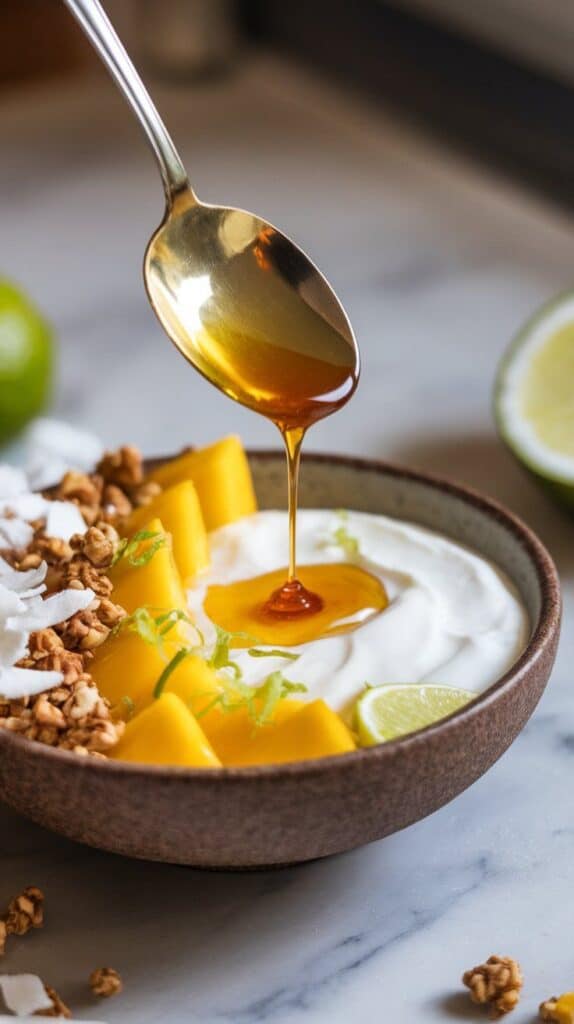 golden honey being drizzled from a spoon over the mango yogurt bowl, with toasted coconut and granola sprinkled to the side
