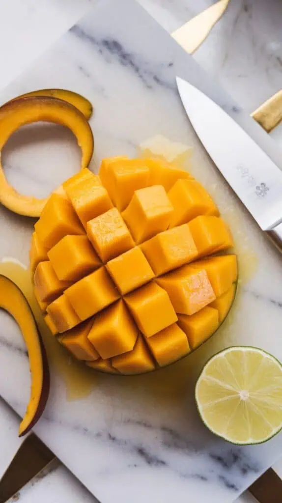  freshly diced ripe mango cubes on a cutting board, with a mango peel curled off to the side and juice glistening on the fruit